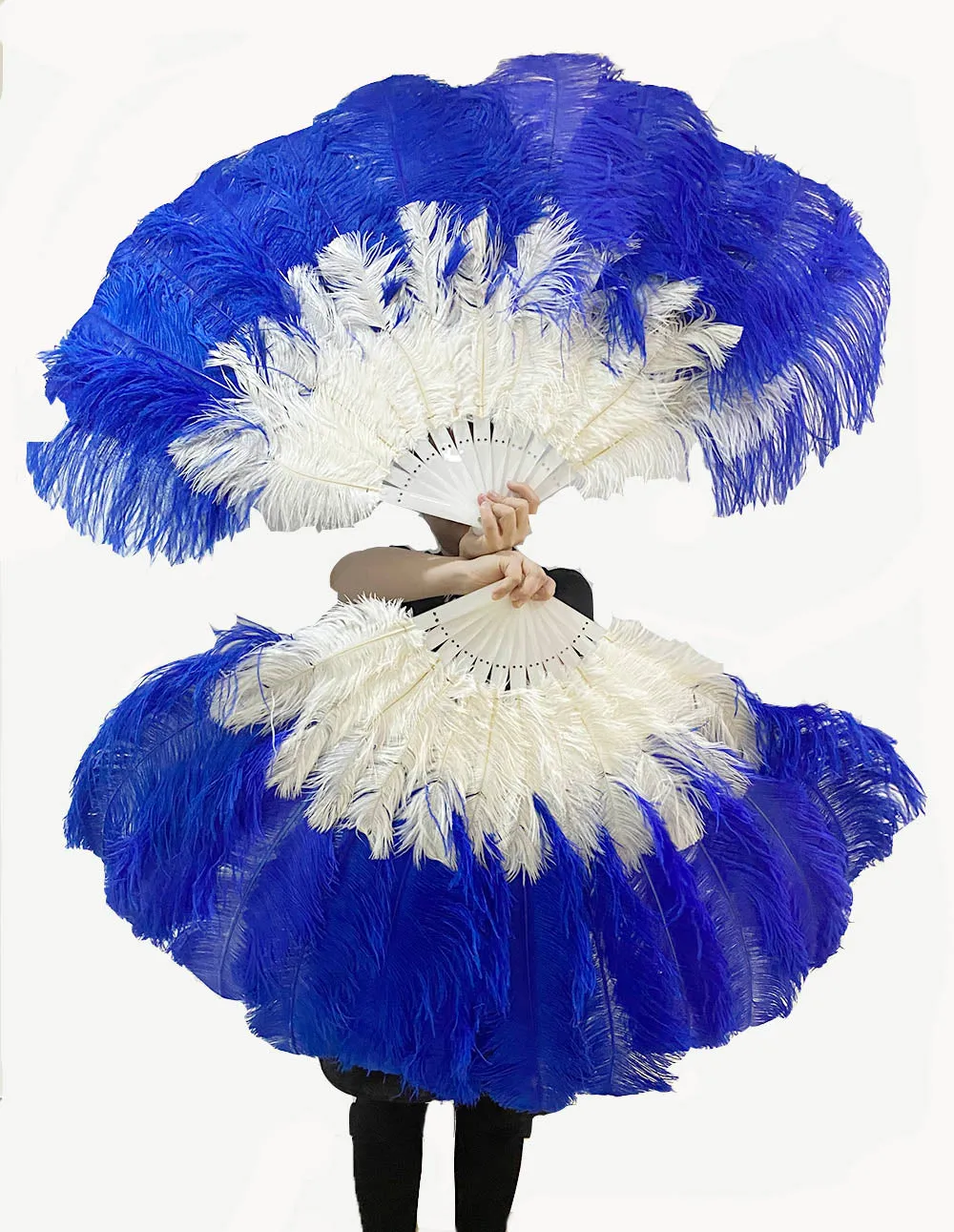 Mix royal blue & white 2 Layers Ostrich Feather Fan 30''x 54'' with Travel leather Bag