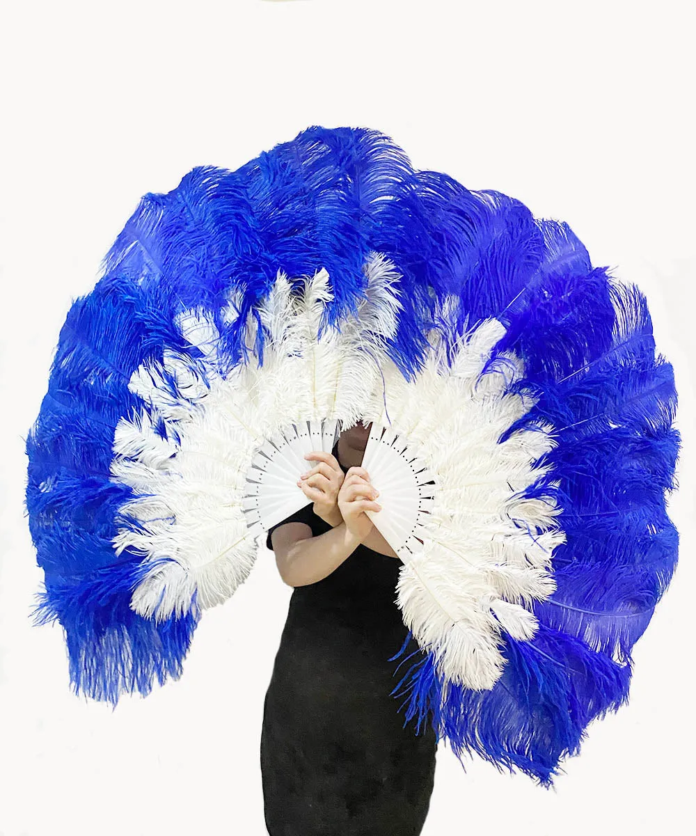 Mix royal blue & white 2 Layers Ostrich Feather Fan 30''x 54'' with Travel leather Bag