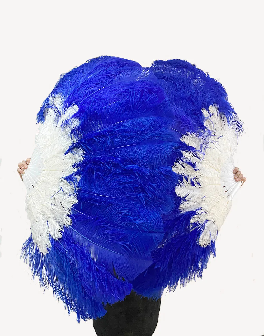 Mix royal blue & white 2 Layers Ostrich Feather Fan 30''x 54'' with Travel leather Bag