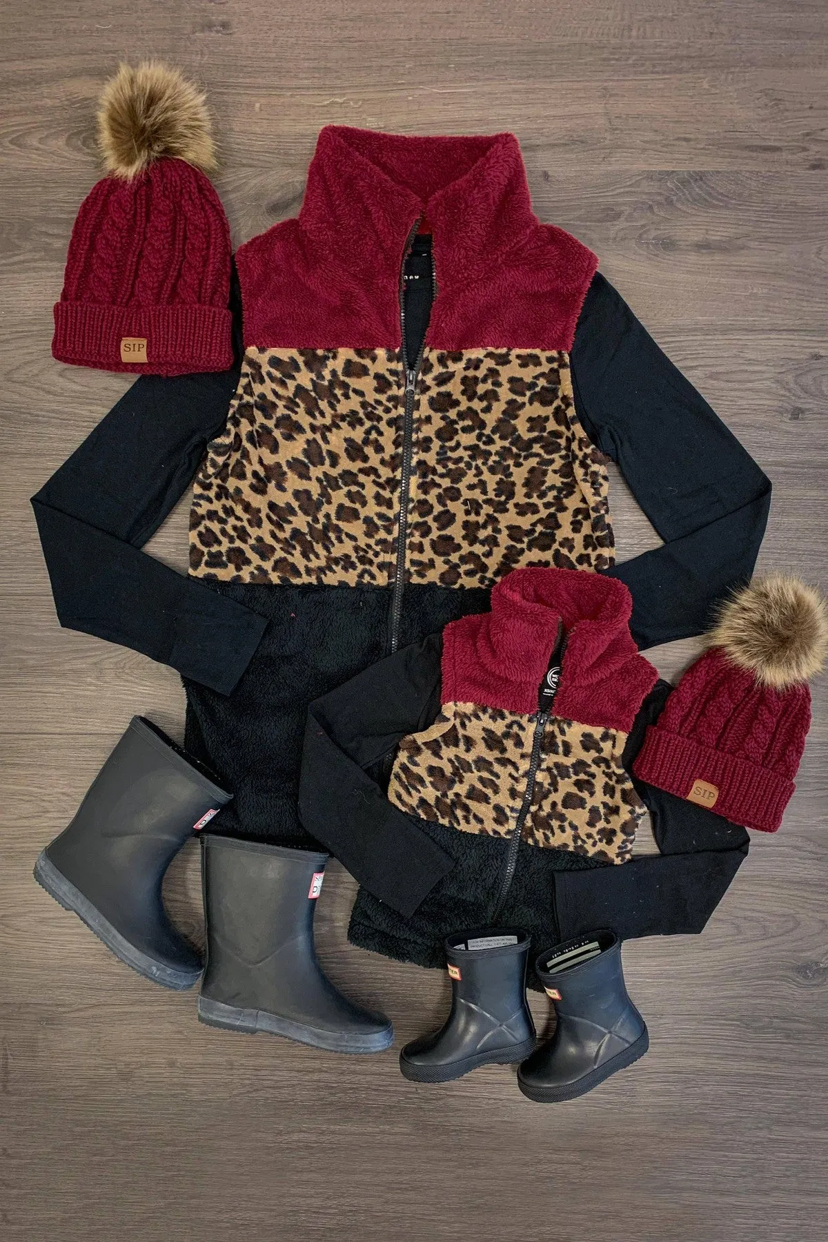 Mom & Me - Sherpa Vest - Burgundy/Cheetah