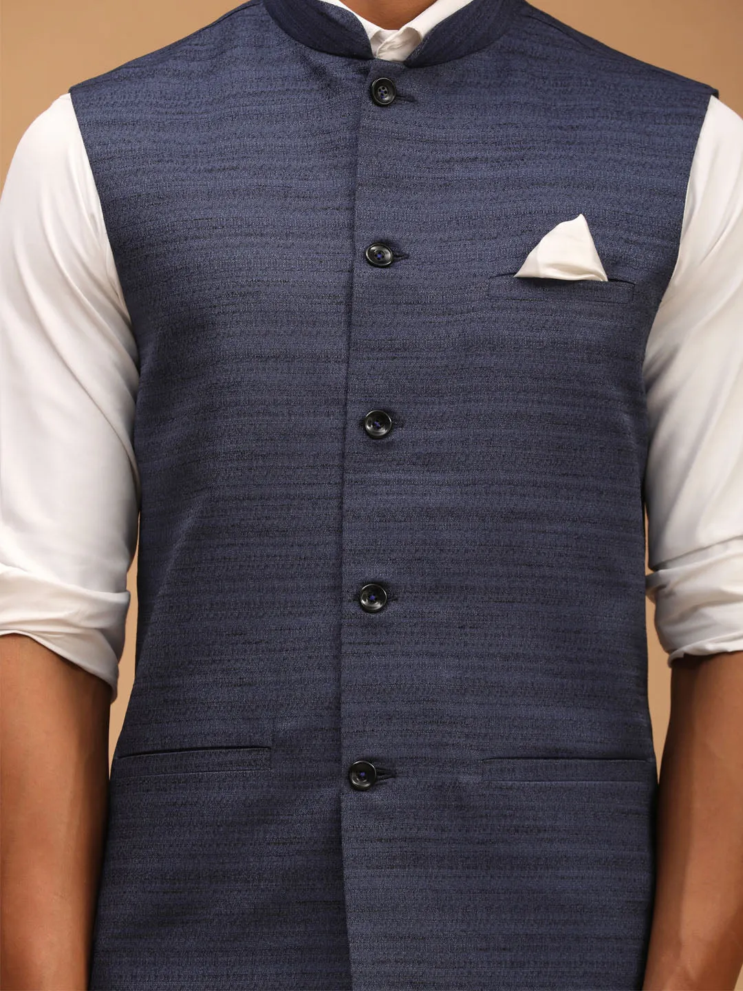 Navy Blue Solid Nehru Jacket Cotton Blend