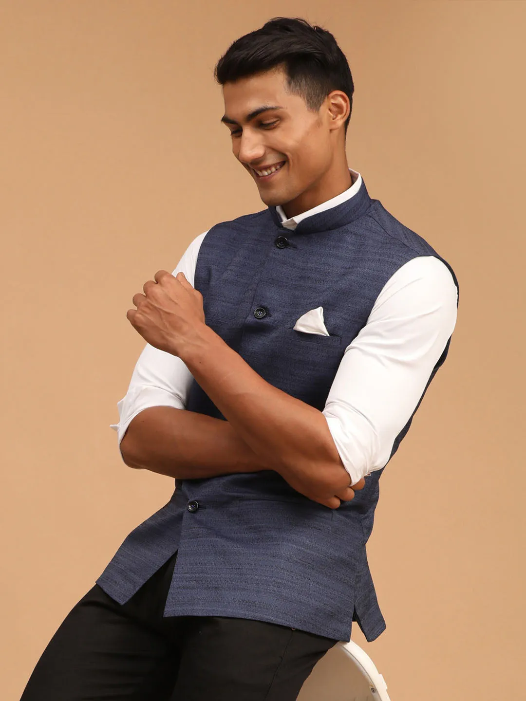 Navy Blue Solid Nehru Jacket Cotton Blend