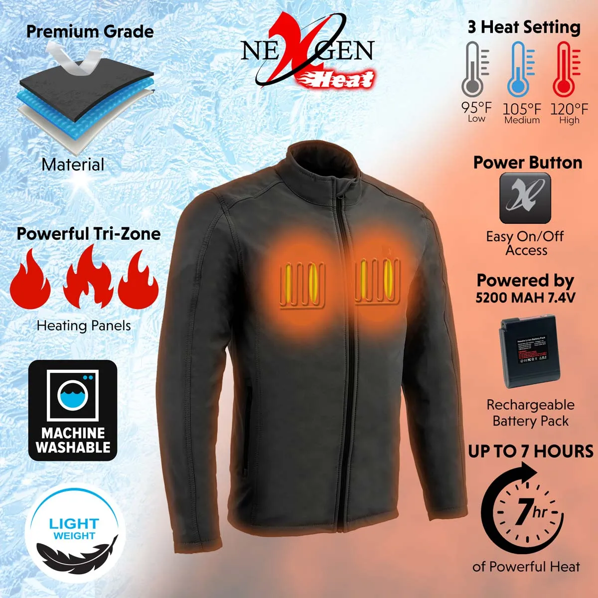 Nexgen Heat MPM1762SET Men’s Soft Shell Heated Jacket - Grey Standup Collar Jacket for Winter with Battery Pack