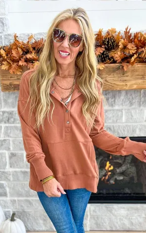 Oversized Drop Shoulder Half Button Knit Hoodie - Mocha Latte