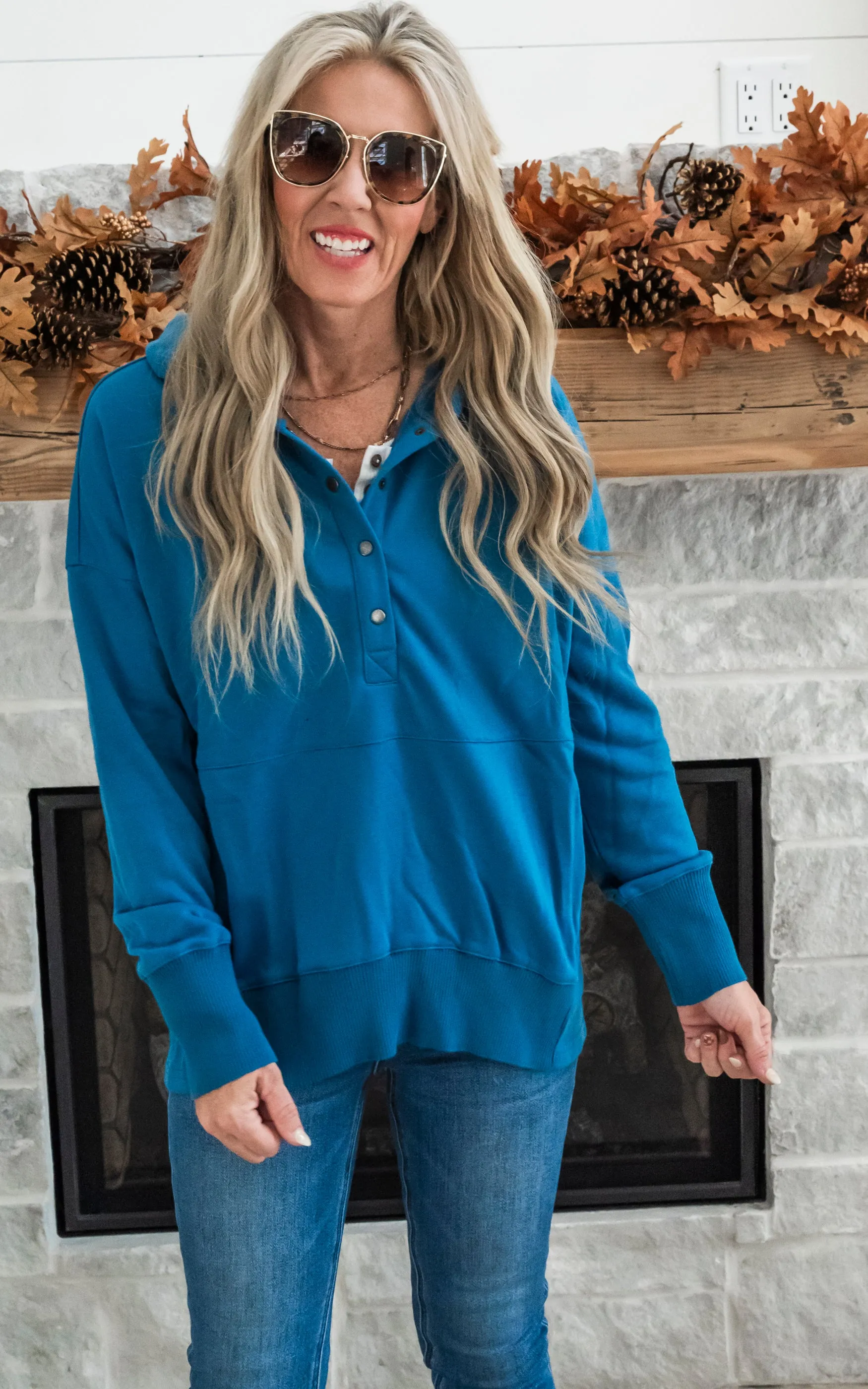 Oversized Drop Shoulder Half Button Knit Hoodie - Teal -Final Sale