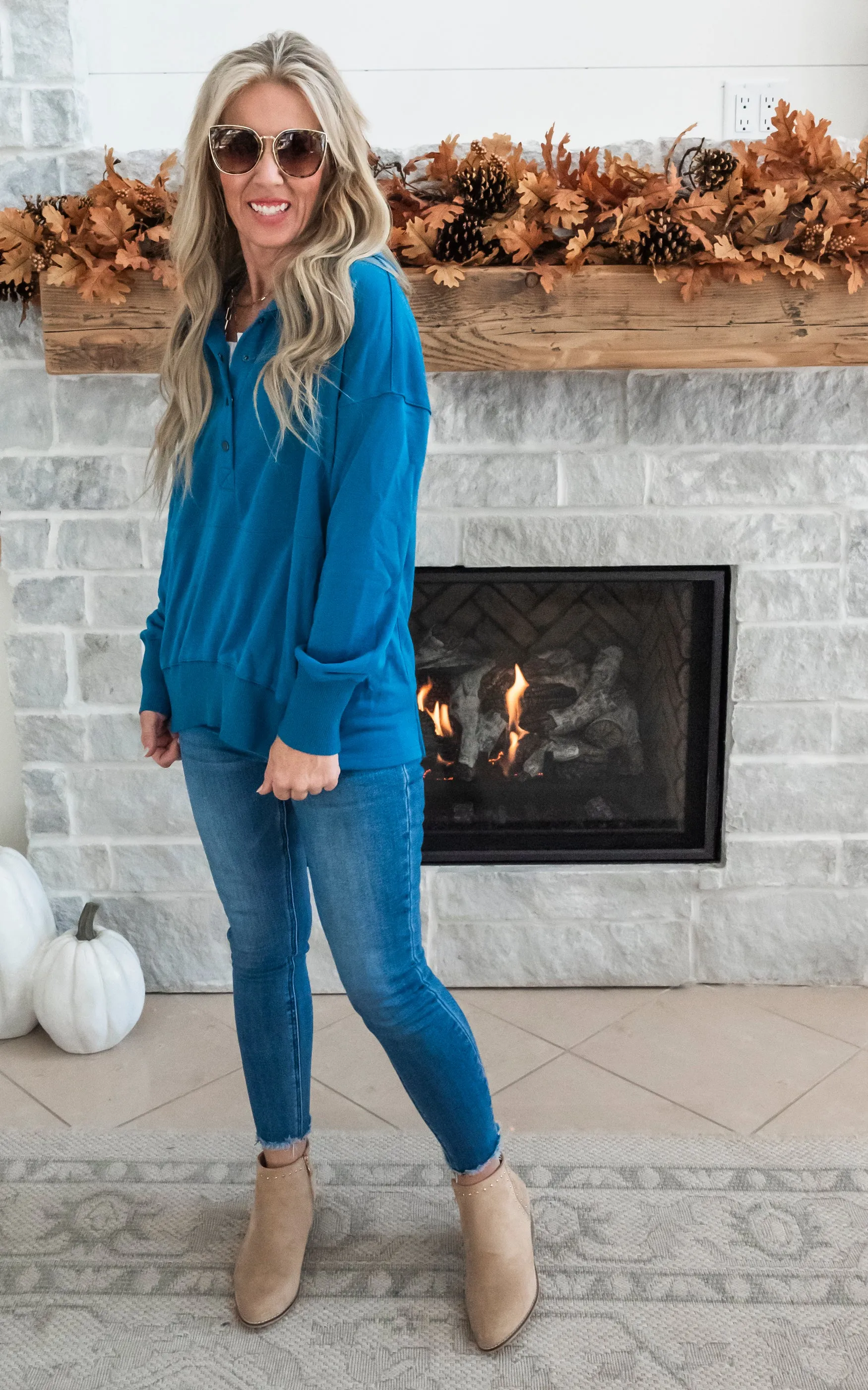 Oversized Drop Shoulder Half Button Knit Hoodie - Teal -Final Sale