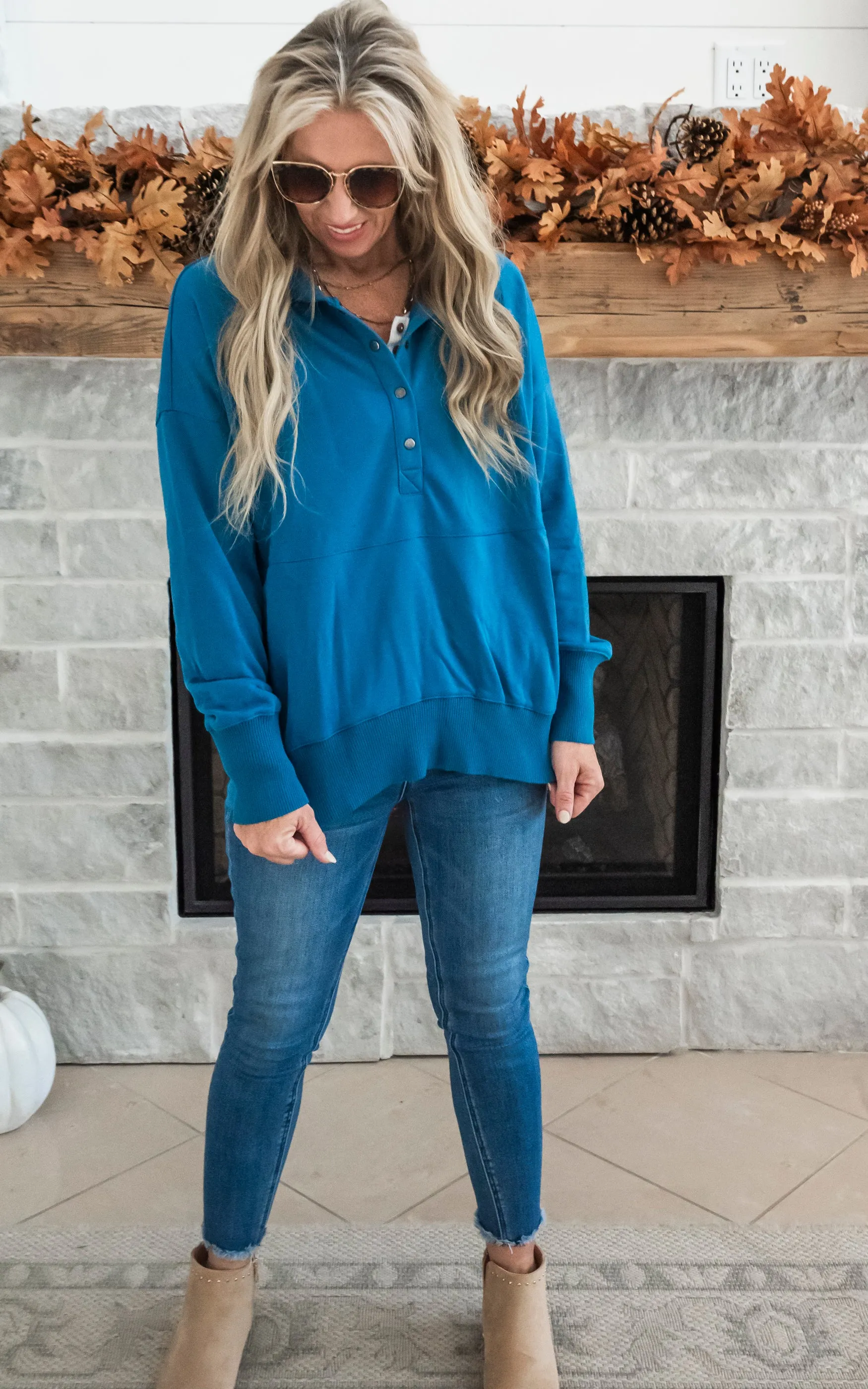 Oversized Drop Shoulder Half Button Knit Hoodie - Teal -Final Sale