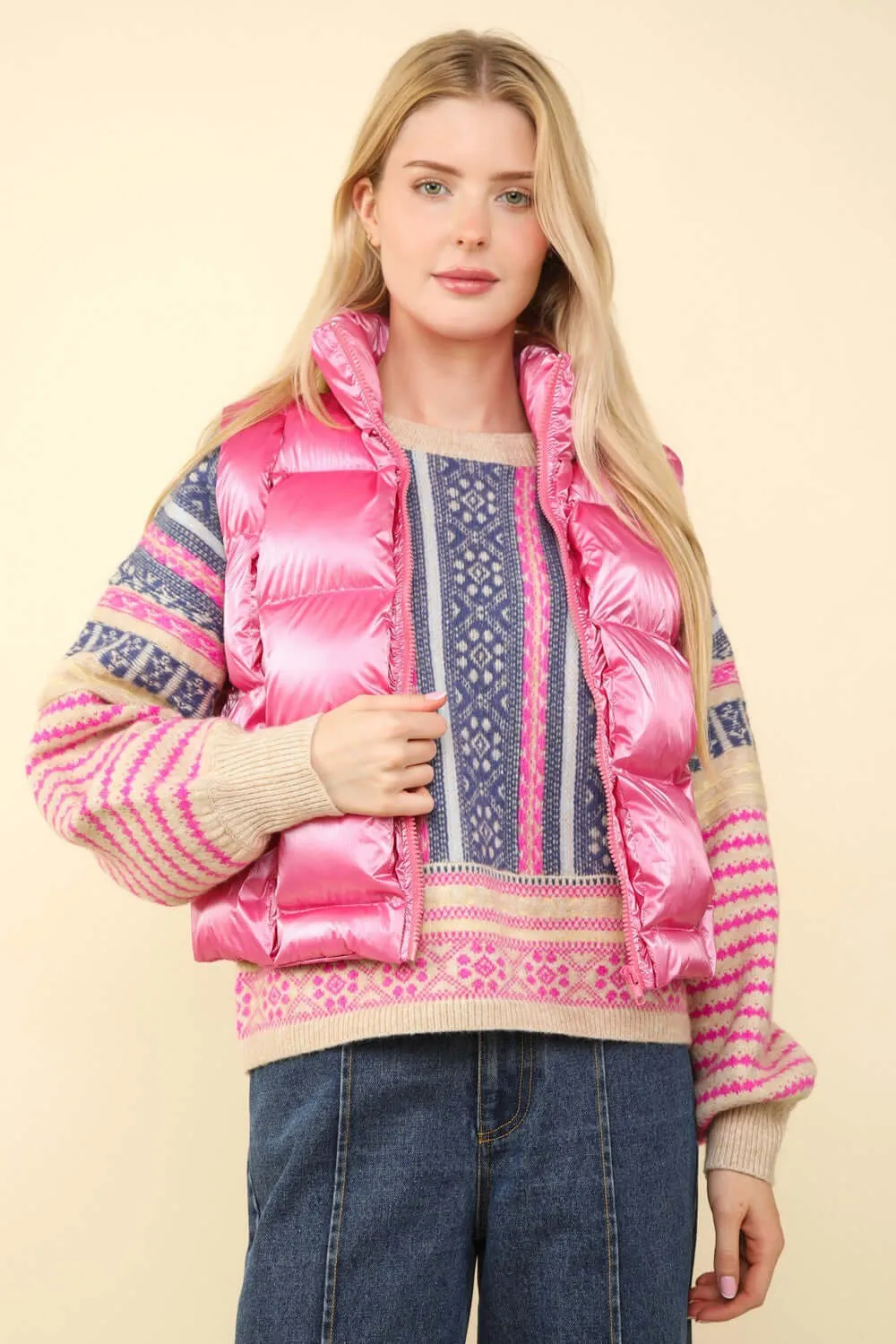 Pink Shiny Metallic Zip Up Puffer Vest