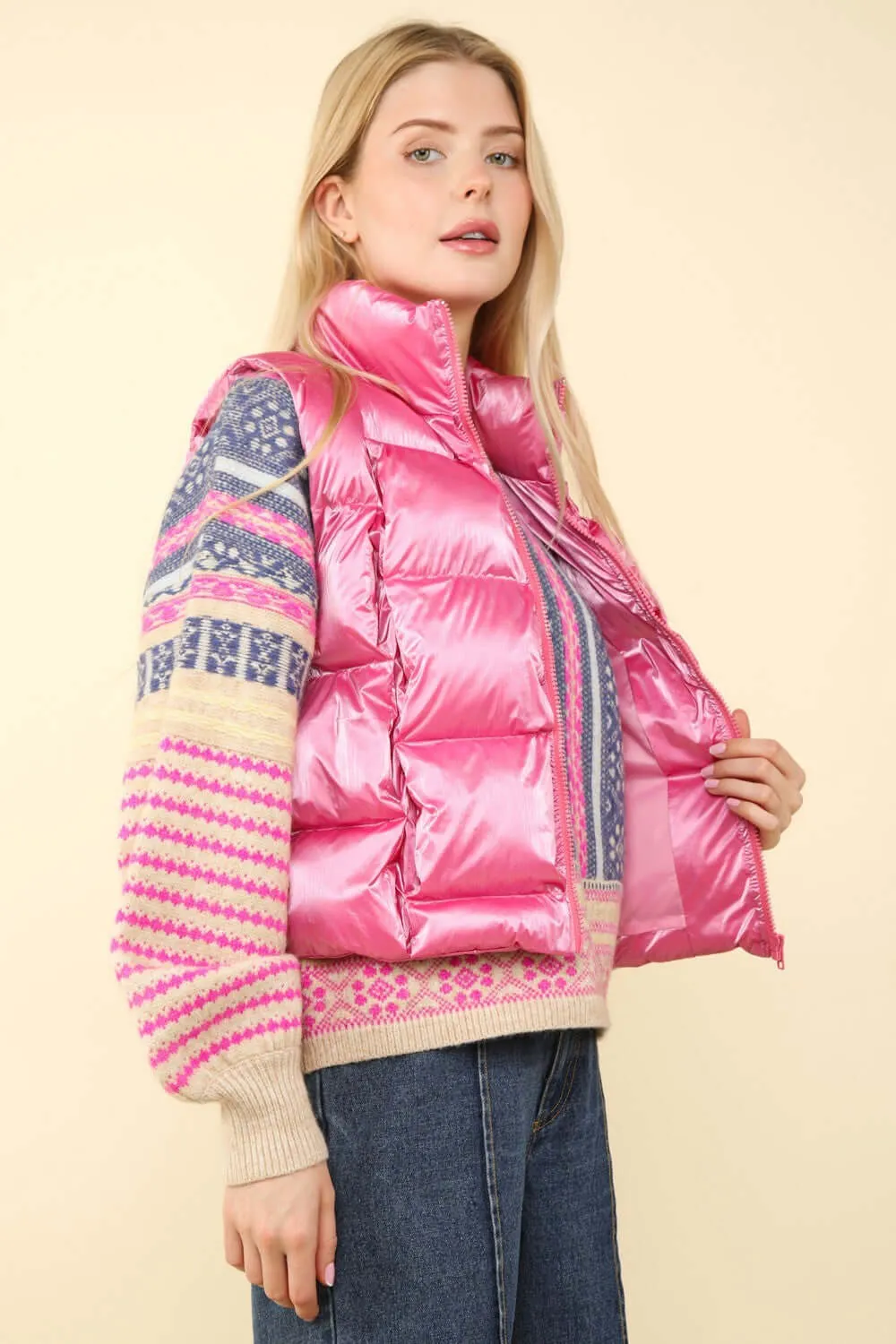 Pink Shiny Metallic Zip Up Puffer Vest