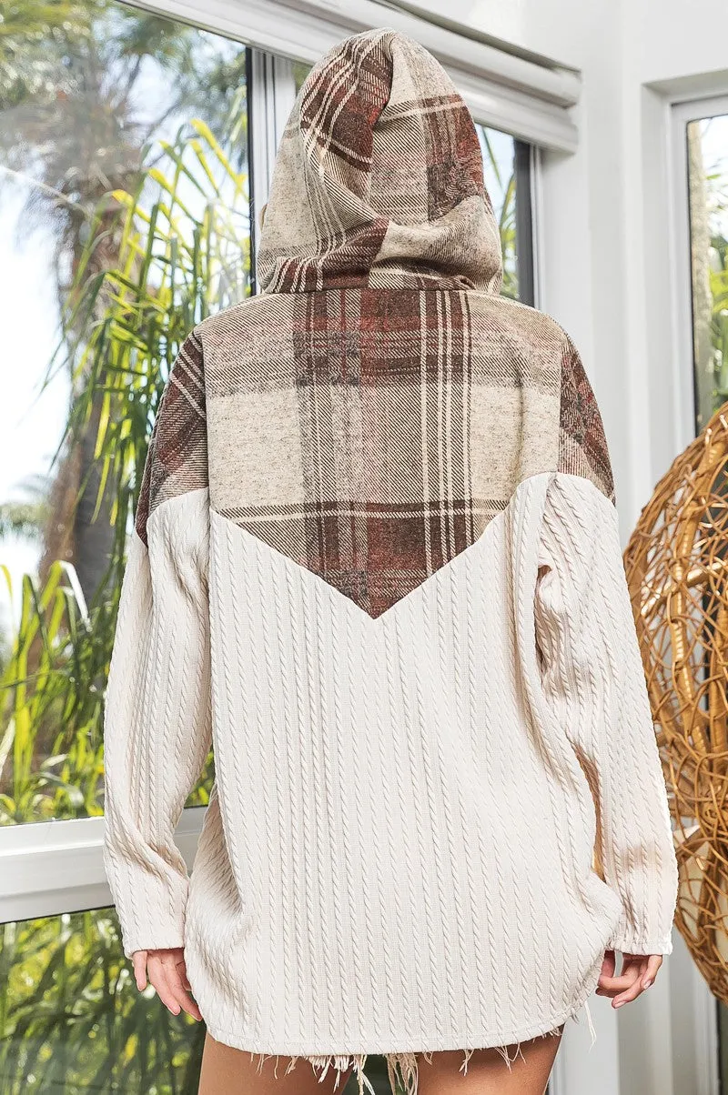 Plaid Contrast Cable Knit Hoodie *-BiBi