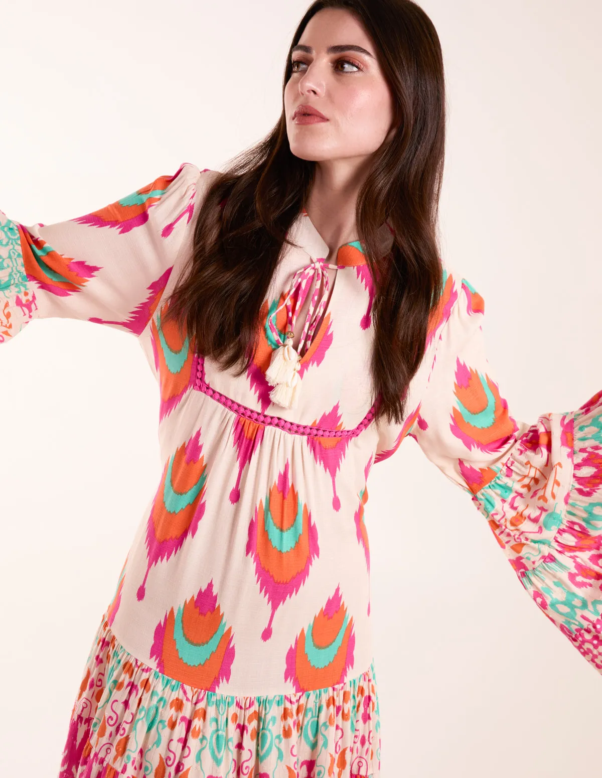 Printed Long Sleeve Tie Front Smock Dress