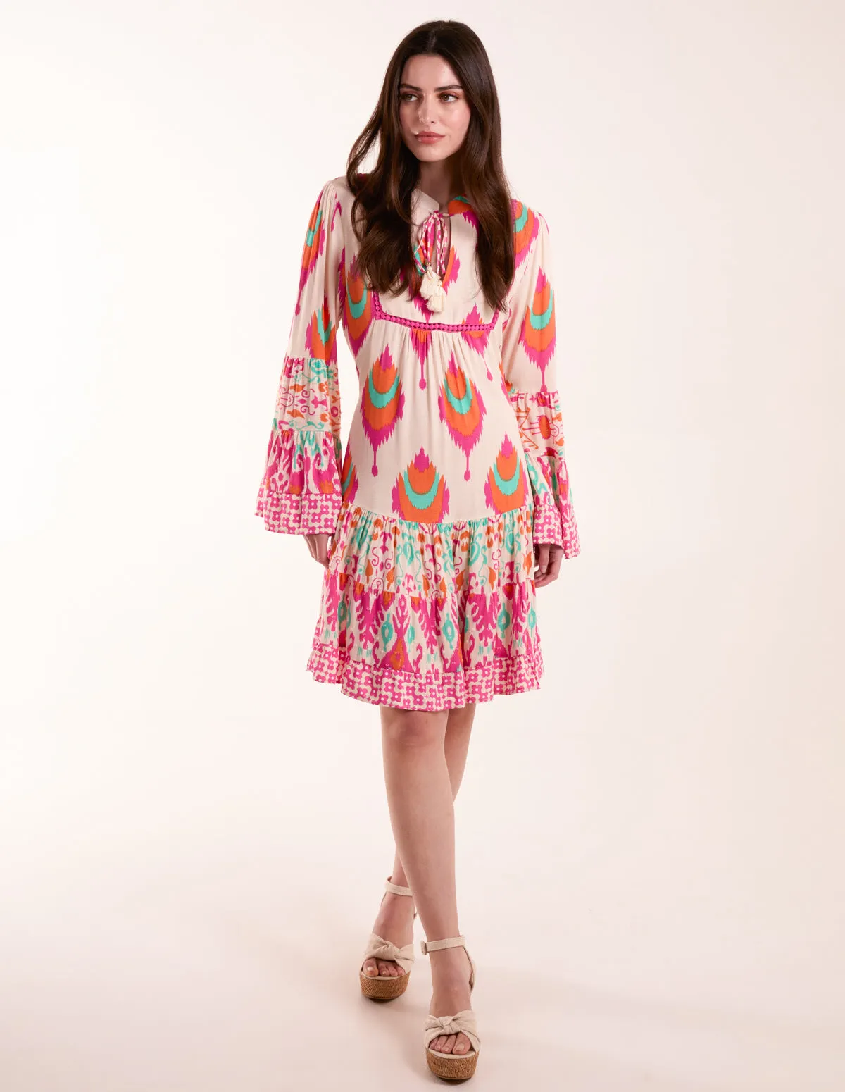 Printed Long Sleeve Tie Front Smock Dress