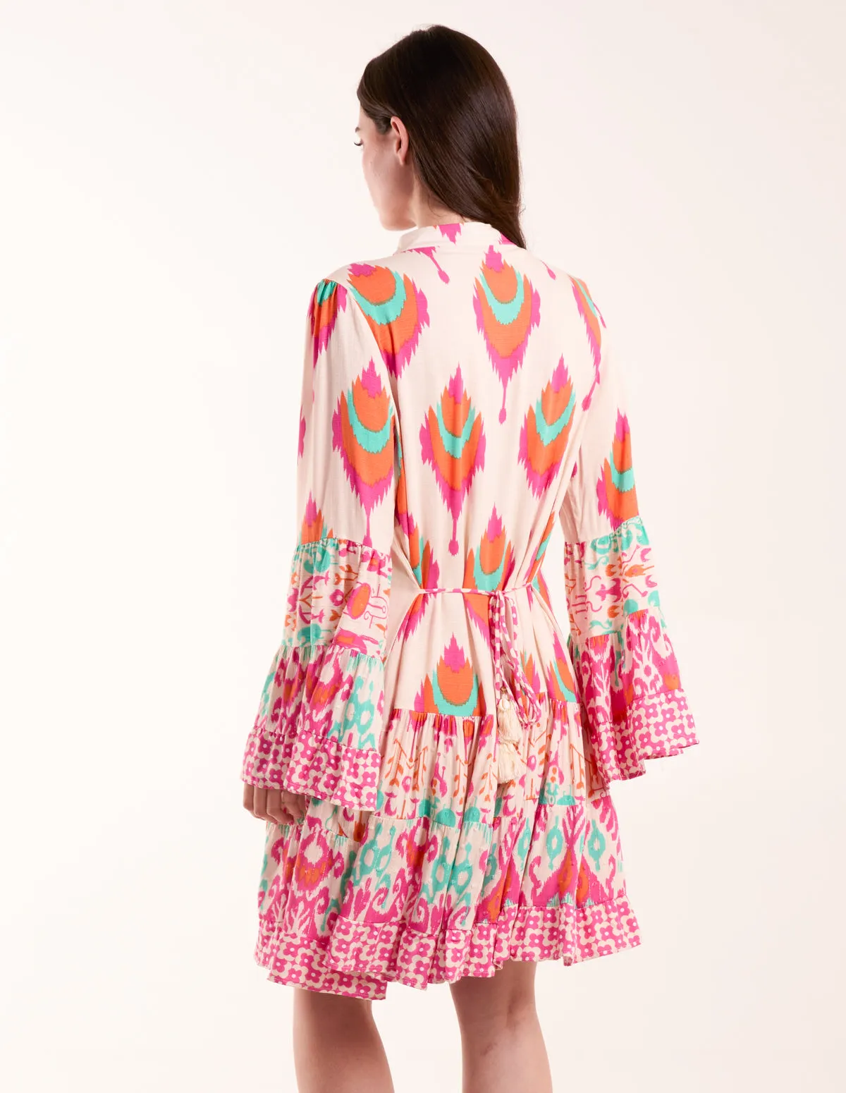 Printed Long Sleeve Tie Front Smock Dress