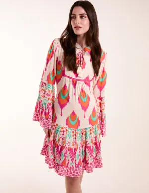 Printed Long Sleeve Tie Front Smock Dress