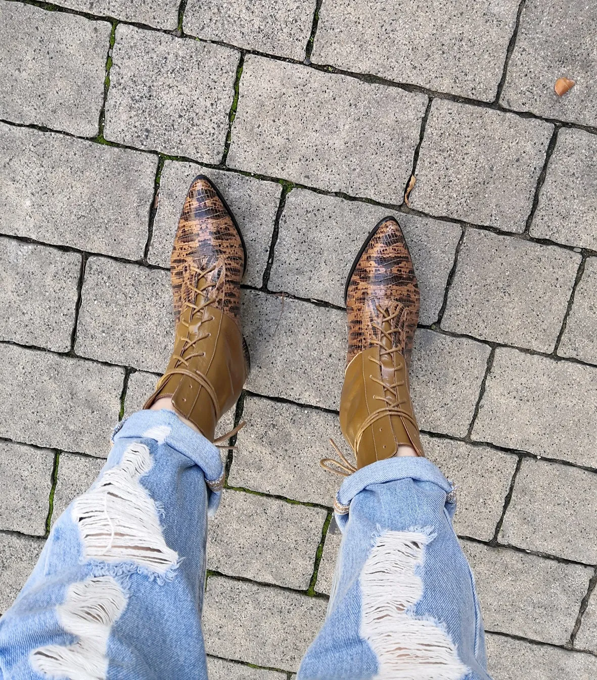 Printed Quartz-Brown Printed Leather Lace Up Ankle Boots