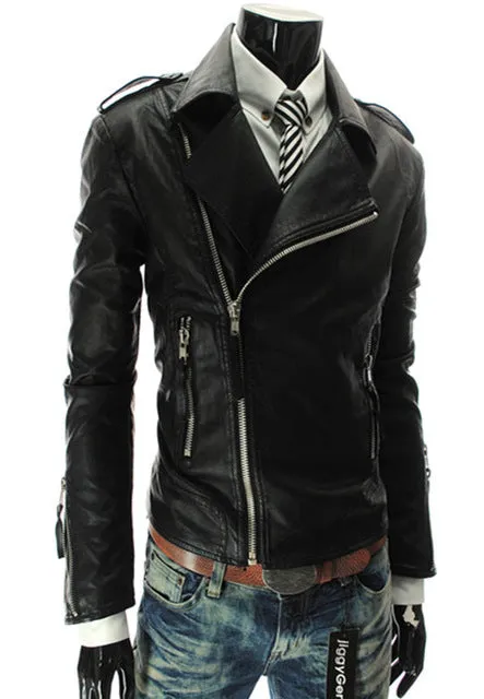 PU Leather Jacket Men Turn-down Collar Solid Mens Faux Fur Coats