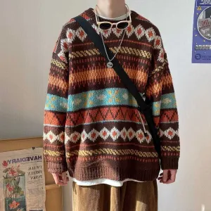 Riolio Men's Knitted Vintage Graphic Sweater with Pattern Brown Blue Pullovers Sweaters and Jumpers Korean Streetwear Harajuku