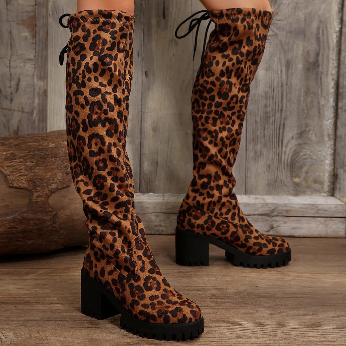 Sexy Leopard Over Knee Lace-up Back High-tube Socks Boots Chunky Heels