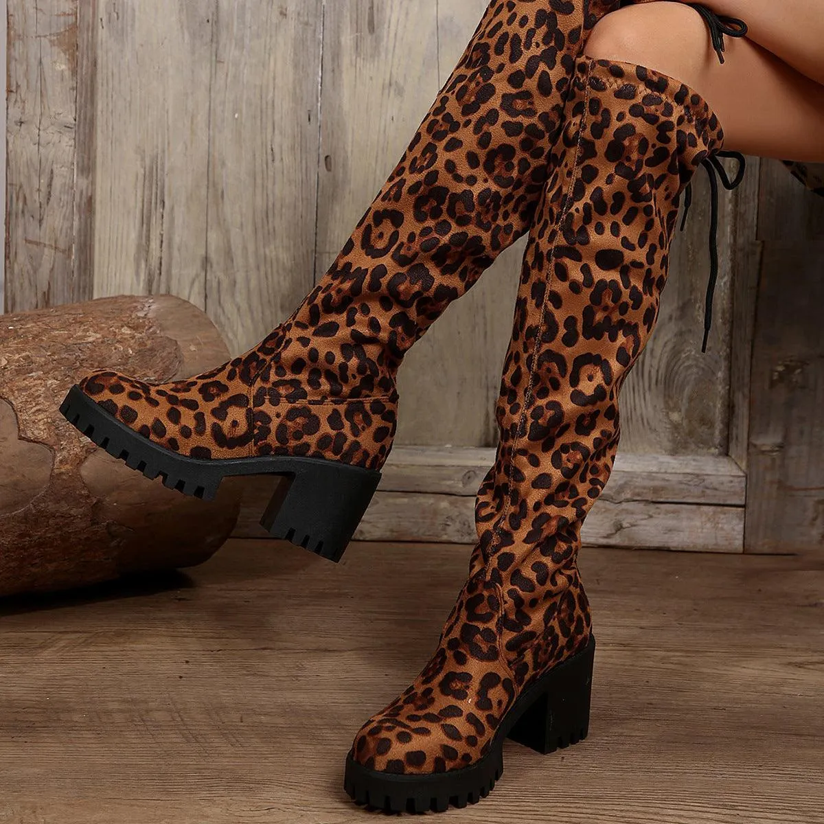 Sexy Leopard Over Knee Lace-up Back High-tube Socks Boots Chunky Heels