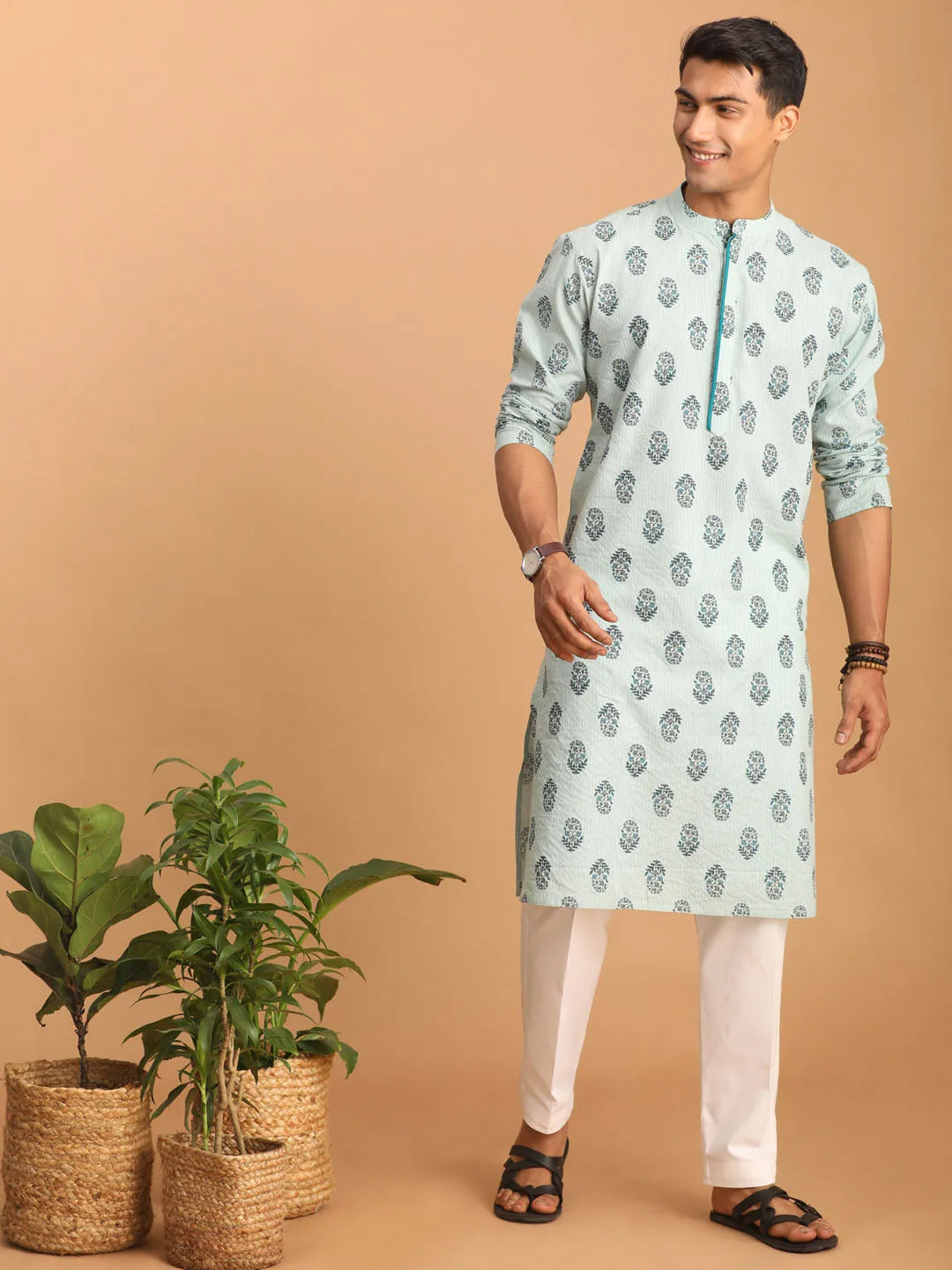 SHVAAS By VASTRAMAY Men's Light Green Ethnic Motif Printed Kurta