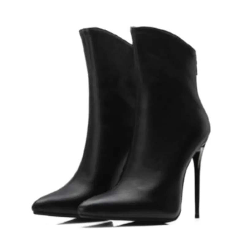 Sleek Black Fashion Stiletto Pointed Toe Ankle Boots in Plus Sizes