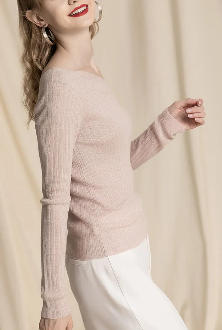 Sloping Shoulder Wool Blend Knit Pullover Sweater