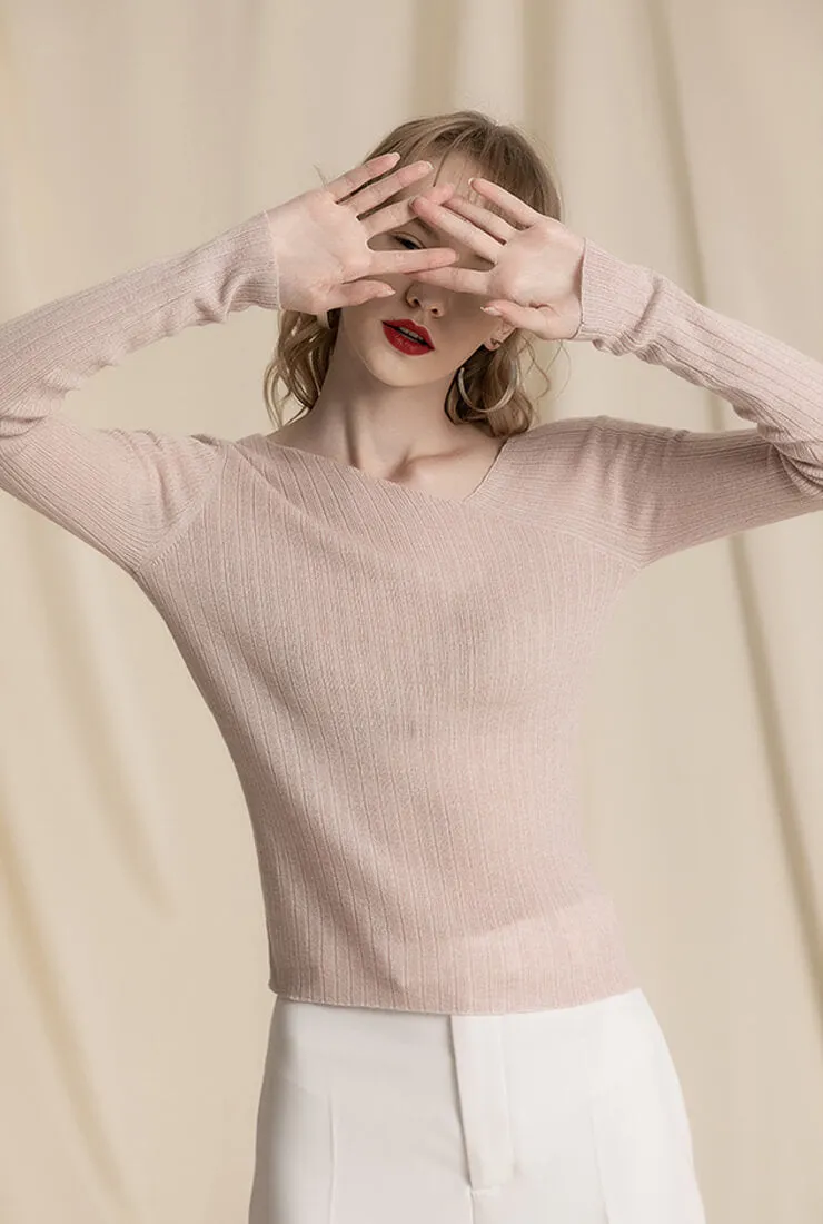 Sloping Shoulder Wool Blend Knit Pullover Sweater