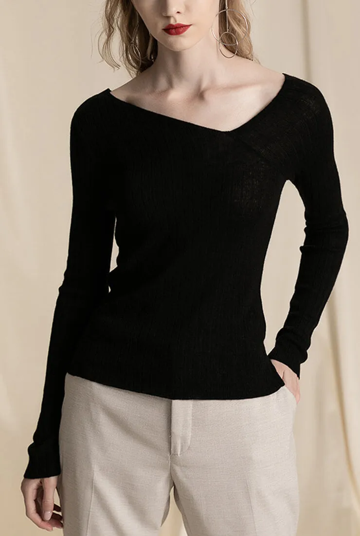 Sloping Shoulder Wool Blend Knit Pullover Sweater