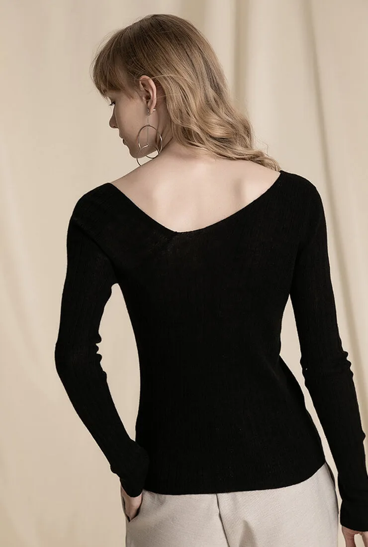 Sloping Shoulder Wool Blend Knit Pullover Sweater