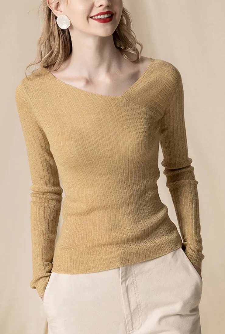 Sloping Shoulder Wool Blend Knit Pullover Sweater