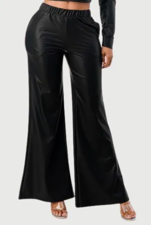 Soft Stretch Faux Leather Bell Bottom Pants