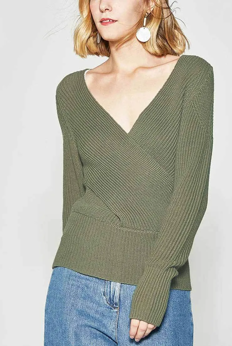 Striped V-neck Long-sleeved Pullover Sweater