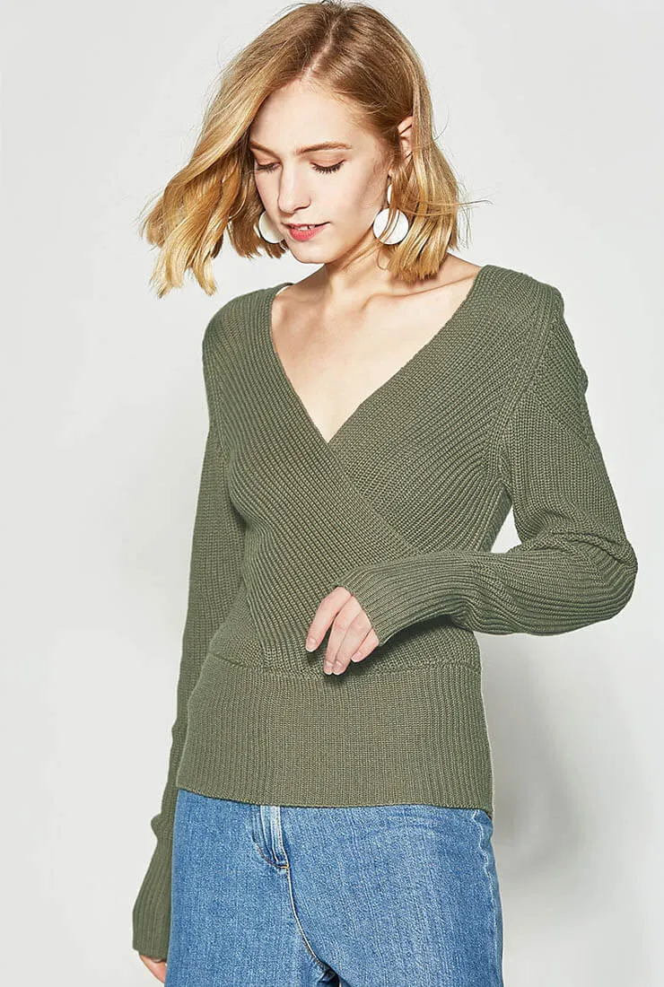 Striped V-neck Long-sleeved Pullover Sweater