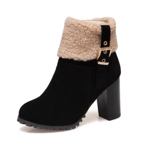 Stylish chunky heels fold-down casual snow boots with buckle strap plus size