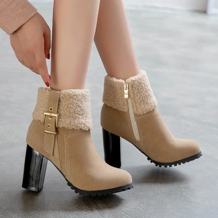 Stylish chunky heels fold-down casual snow boots with buckle strap plus size