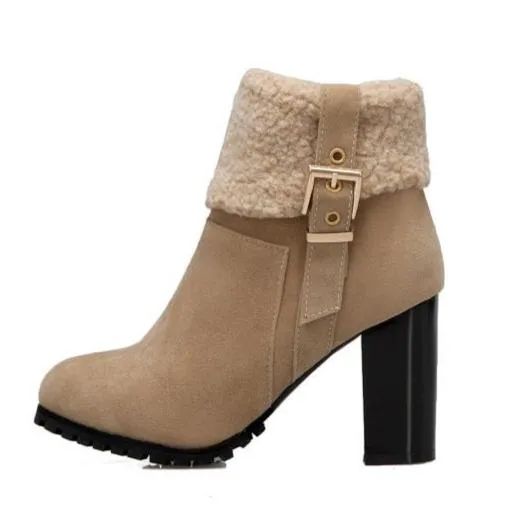 Stylish chunky heels fold-down casual snow boots with buckle strap plus size