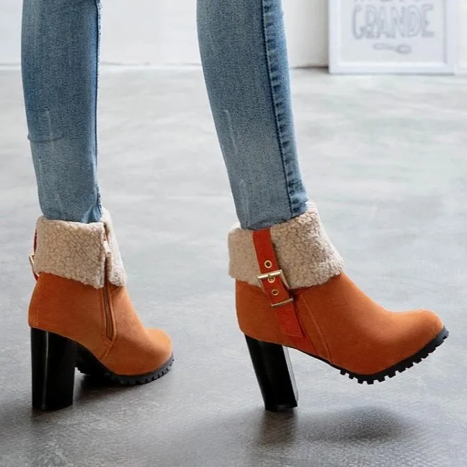 Stylish chunky heels fold-down casual snow boots with buckle strap plus size