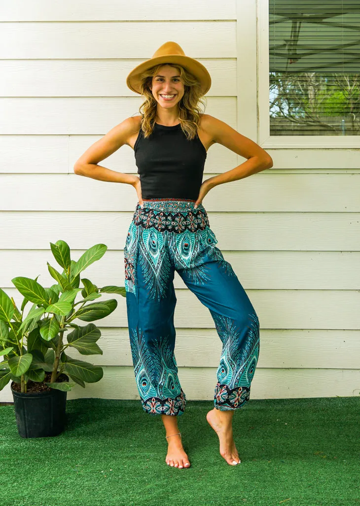 Teal Peace Peacock Harem Pants