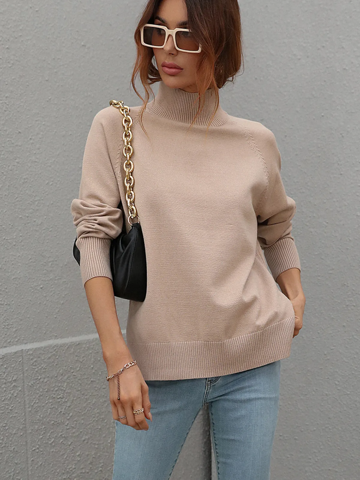 Turtleneck Long Sleeve Solid Color Sweater