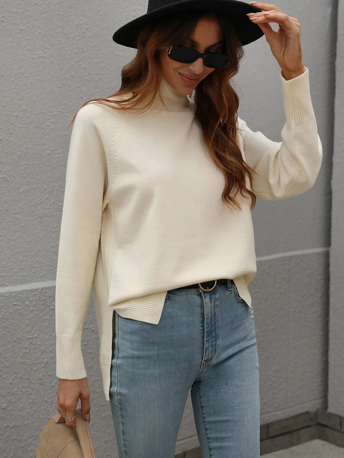 Turtleneck Long Sleeve Solid Color Sweater