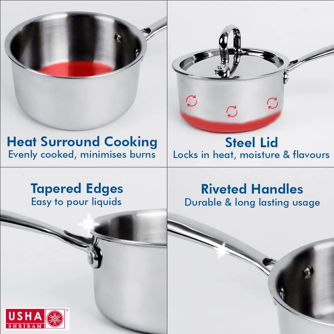 USHA SHRIRAM Triply Stainless Steel Sauce Pan with Lid | Stove & Induction Cookware | Heat Surround Cooking | Easy Grip Handles | Steel Tea & Milk Pan with Handle | Soup Pan (2.2L   1.5L)