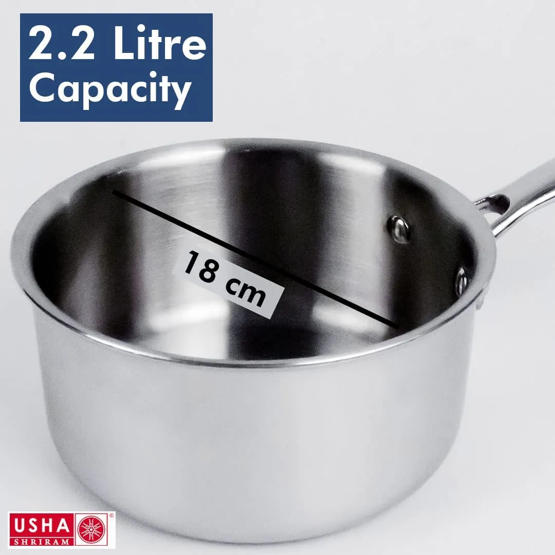 USHA SHRIRAM Triply Stainless Steel Sauce Pan with Lid | Stove & Induction Cookware | Heat Surround Cooking | Easy Grip Handles | Steel Tea & Milk Pan with Handle | Soup Pan (2.2L   1.5L)