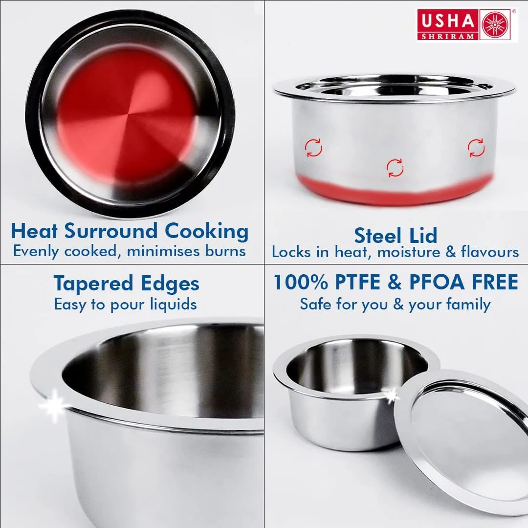 USHA SHRIRAM Triply Stainless Steel Sauce Pan with Lid | Stove & Induction Cookware | Heat Surround Cooking | Easy Grip Handles | Steel Tea & Milk Pan with Handle | Soup Pan (2.2L   1.5L)