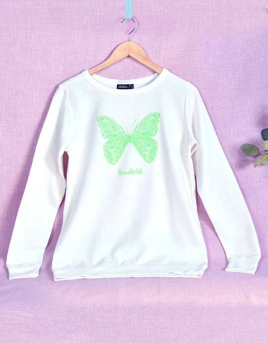 Women Crew Neck Full Sleeve Terry Fleece Butterfly Sweatshirt-White/Green