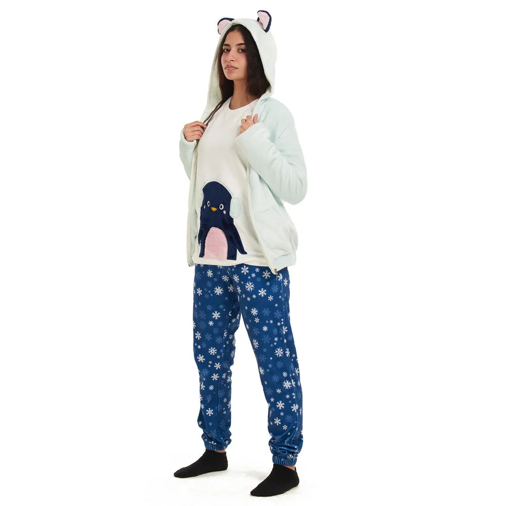 Women Winter Pajama 3 PCS Set Mint Sweatshirt  Off-white top  Dark blue snowflakes Pants