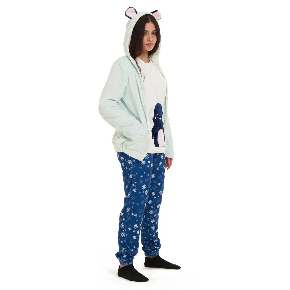 Women Winter Pajama 3 PCS Set Mint Sweatshirt  Off-white top  Dark blue snowflakes Pants