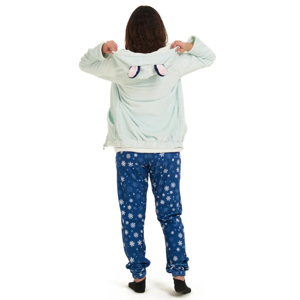 Women Winter Pajama 3 PCS Set Mint Sweatshirt  Off-white top  Dark blue snowflakes Pants